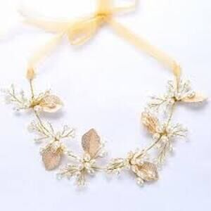 Gold Leaves Pearl Wedding Bridal Headband Hair Vine Hairpiece with Ribbon